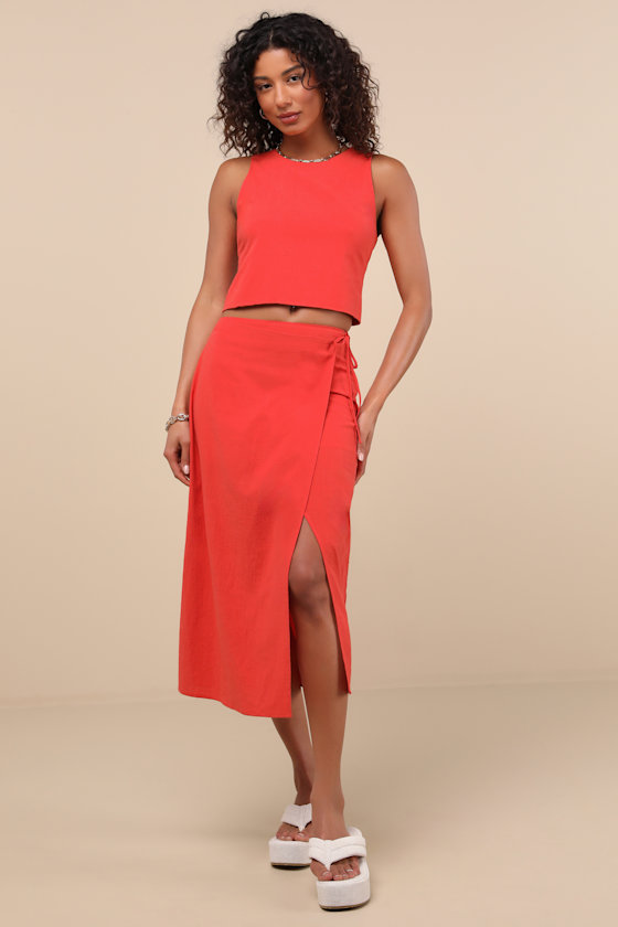 LULUS AUBIN RED COLUMN WRAP MIDI SKIRT