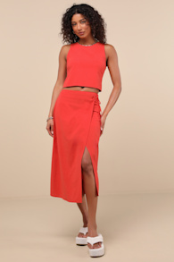 Aubin Red Column Wrap Midi Skirt 1