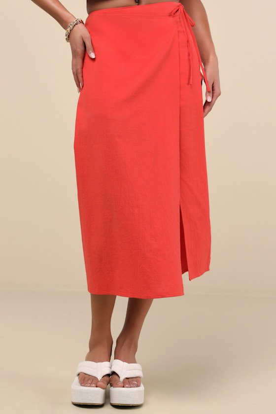 LULUS AUBIN RED COLUMN WRAP MIDI SKIRT