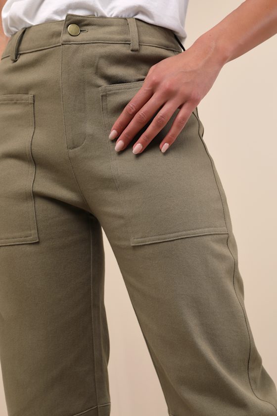 Lulus Filomena Olive Green Twill Barrel Pants In Olive Green