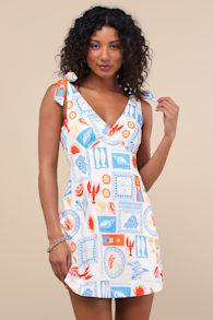 Athina White Multi Print Tie-Strap Mini Dress 1