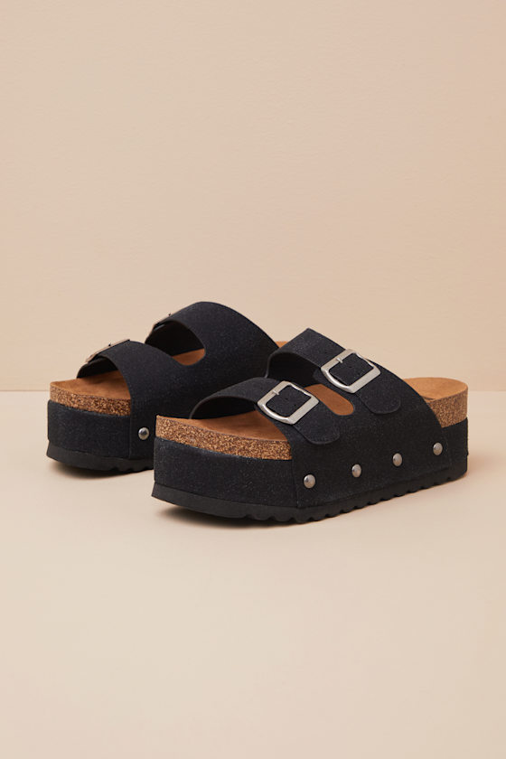 Dirty Laundry Pueblo Black Suede Platform Buckle Slide Sandals In Black