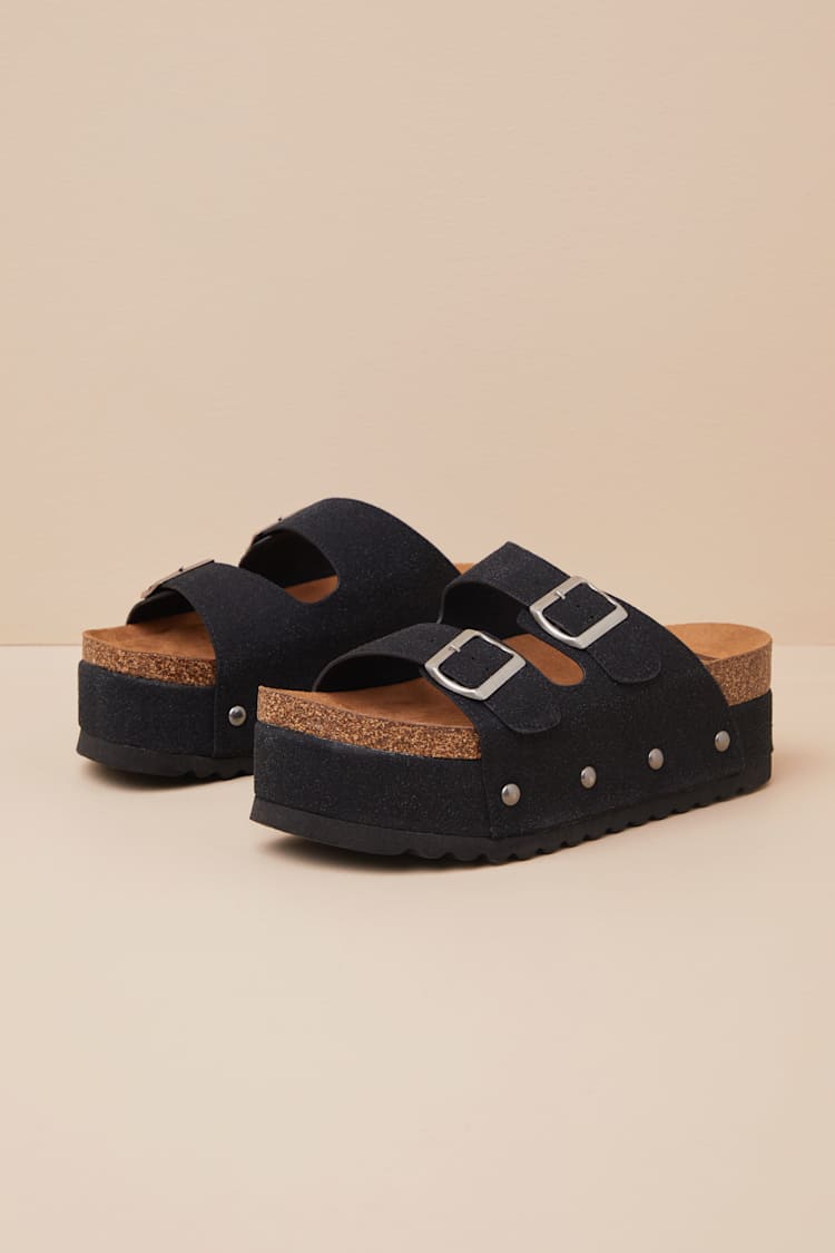 Pueblo Black Suede Platform Buckle Slide Sandals