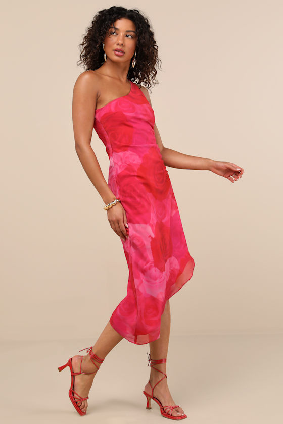 Pretty Serene Pink Floral One-Shoulder Asymmetrical Midi Dress 6