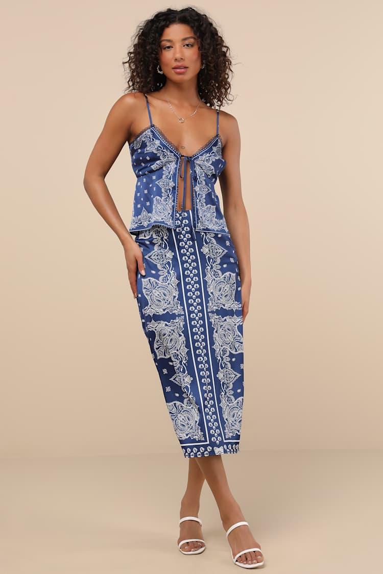 Calypso Blue Banadana Print Satin Midi Skirt