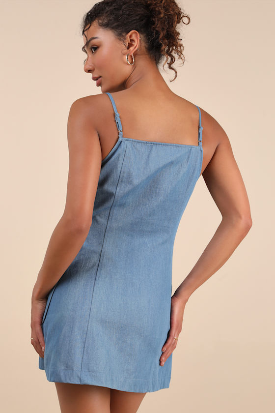 Lulus Honora Medium Wash Denim Button-front Mini Dress In Blue