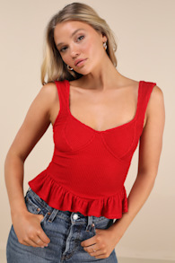 Cowen Red Ribbed Knit Peplum Top 2