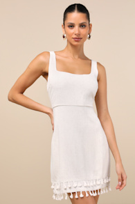 Feel the Sunshine Light Beige Linen Tassel Mini Dress