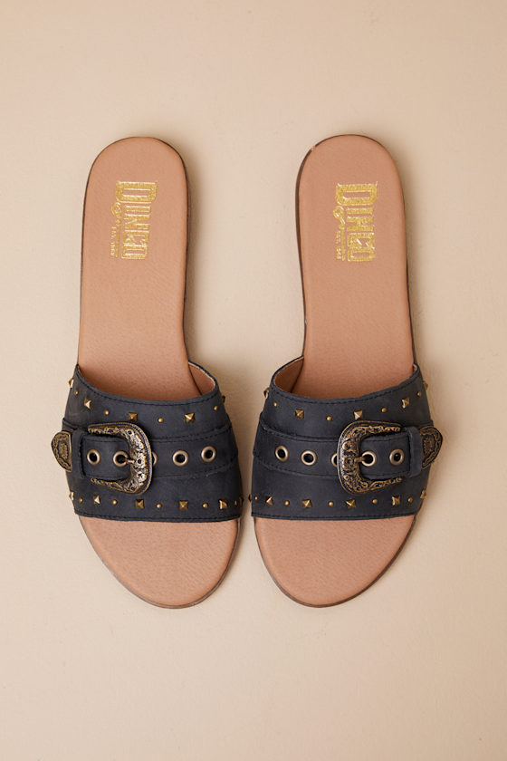 Dingo Lariat Black Leather Studded Buckle Slide Sandals In Black
