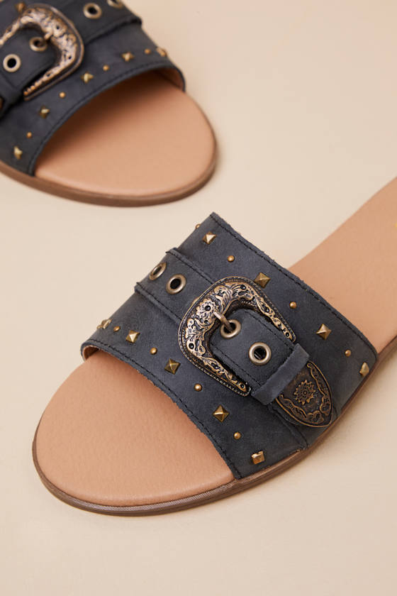 Dingo Lariat Black Leather Studded Buckle Slide Sandals In Black