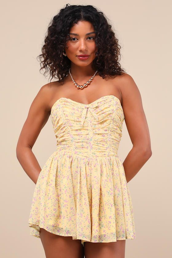 Lulus Marinella Yellow Floral Ruched Strapless Romper
