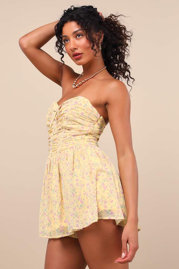 Marinella Yellow Floral Ruched Strapless Romper