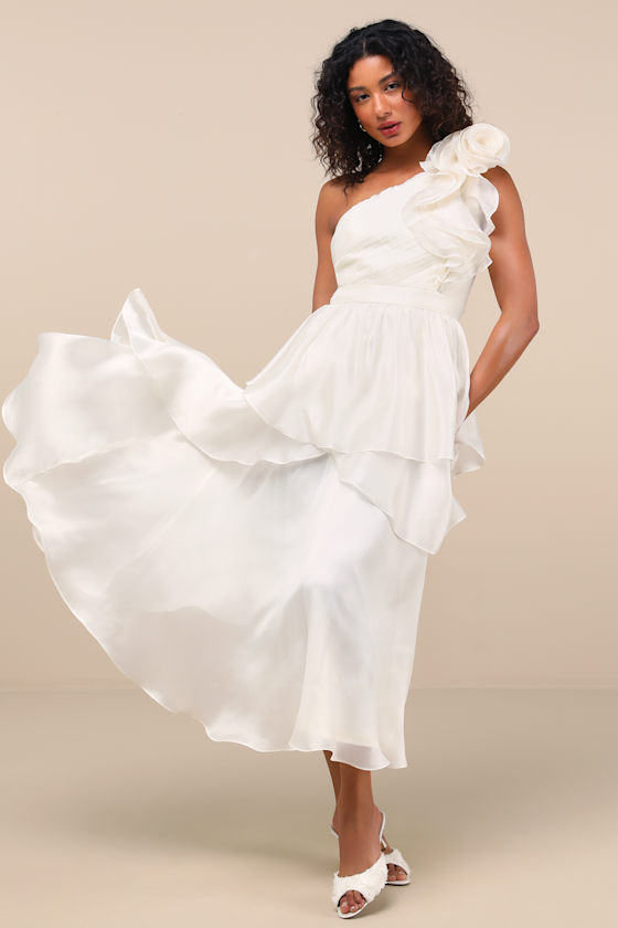 Lanelle Ivory Ruffled One-Shoulder Midi Dress
