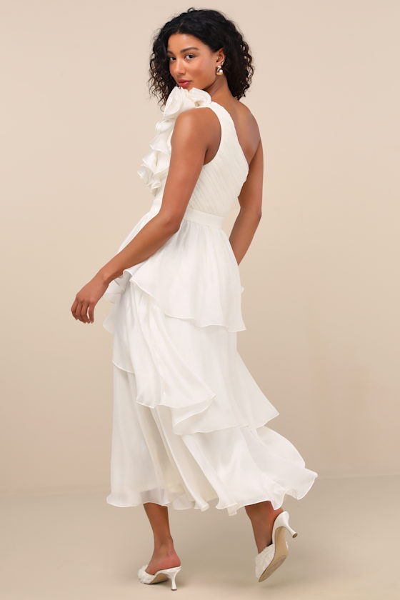 Lulus Lanelle Ivory Ruffled One-shoulder Midi Dress In Ivory