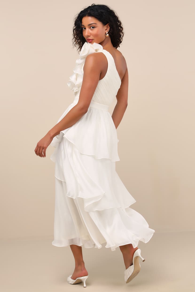 Ivory Chiffon Midi Dress - Tiered Midi Dress - One-Shoulder Dress - Lulus