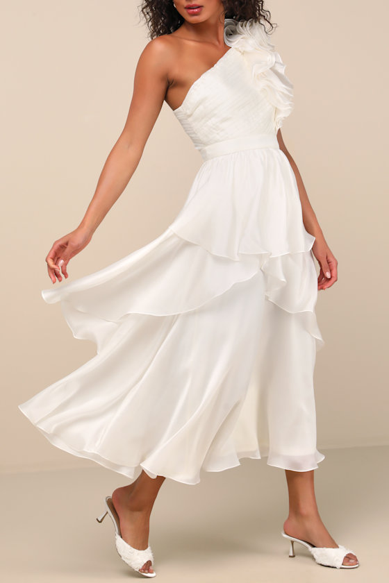 Lulus Lanelle Ivory Ruffled One-shoulder Midi Dress In Ivory