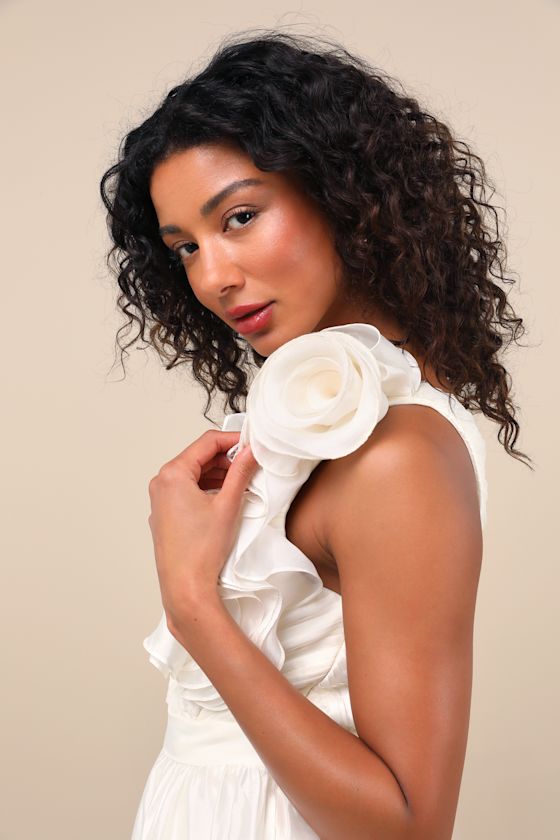 Lulus Lanelle Ivory Ruffled One-shoulder Midi Dress In Ivory