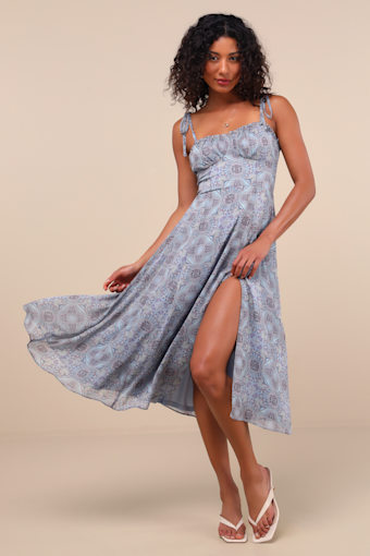 Winnie Light Blue Paisley Tie-Strap Midi Dress 1