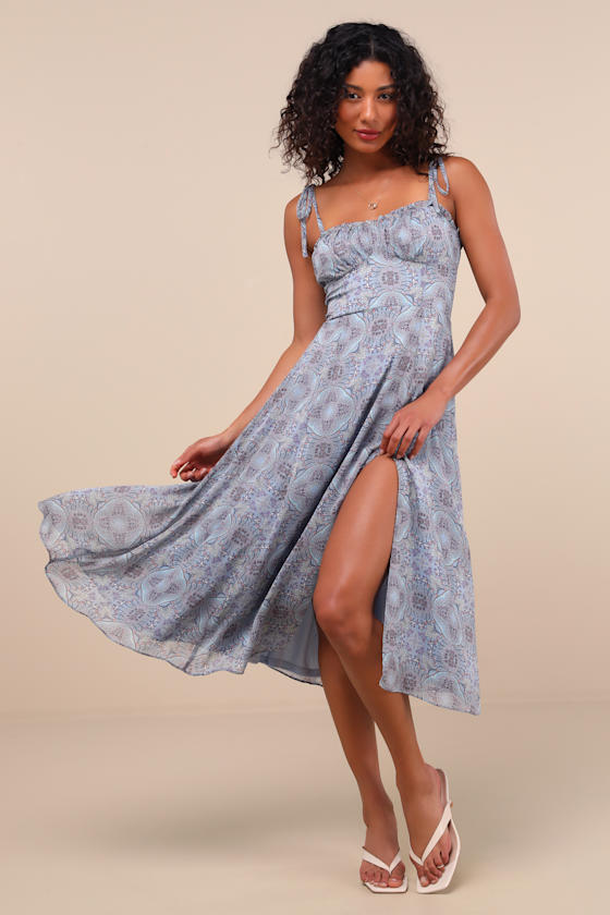 Winnie Light Blue Paisley Tie-Strap Midi Dress 1