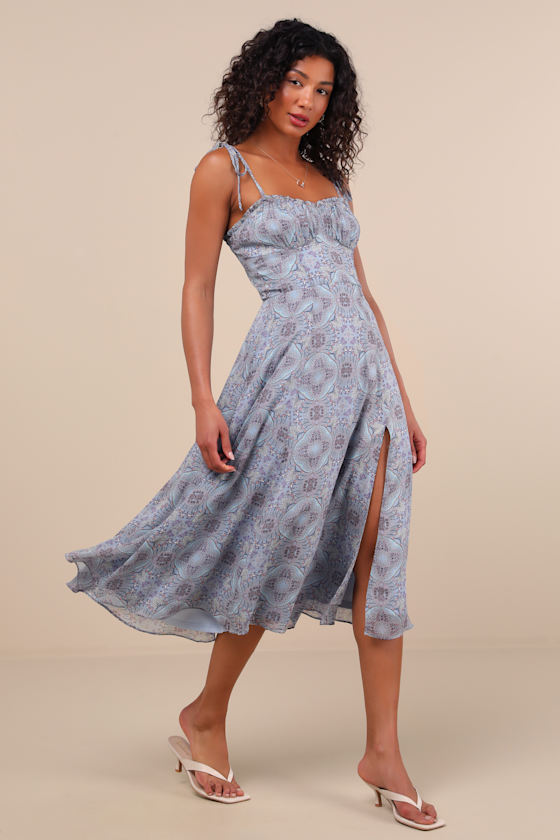 Light Blue Paisley Dress - Tie-Strap Midi Dress - A-line Dress - Lulus