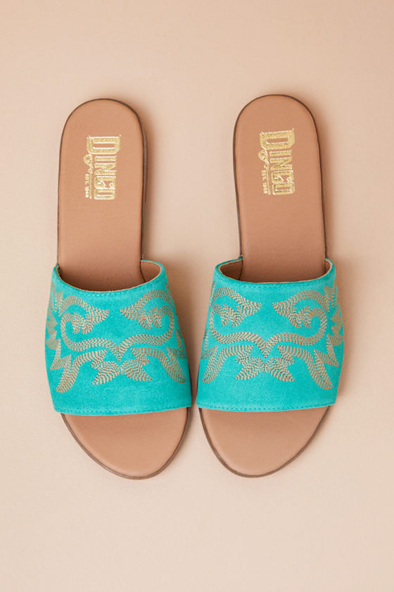 Dingo Lasso Green Suede Leather Embroidered Slide Sandals In Green