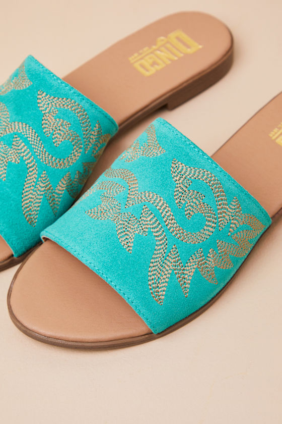 Dingo Lasso Green Suede Leather Embroidered Slide Sandals In Green