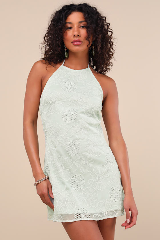 Letitia Light Sage Green Embroidered Halter Mini Dress 2