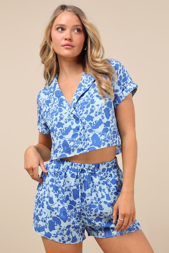 Lush Sun And Blooms Blue Floral Print Two-piece Romper In Blue
