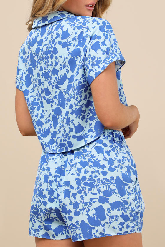 Lush Sun And Blooms Blue Floral Print Two-piece Romper In Blue