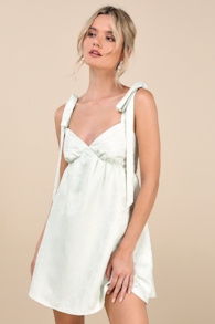 Precious Allure Light Sage Green Jacquard Tie-Strap Mini Dress 1