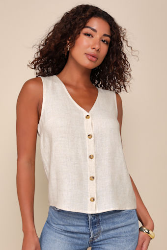 Casually Sophisticated Beige Linen Sleeveless Button-Front Top 1