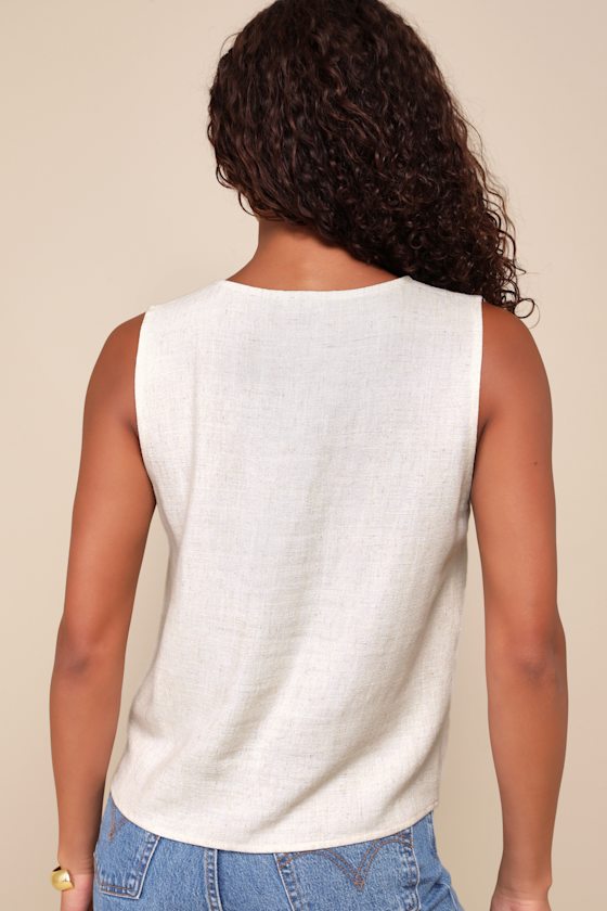 トップス NICENESS LEE (D.BEIGE) Cute Beige Linen Top - Button-Front Top - Sleeveless Vest