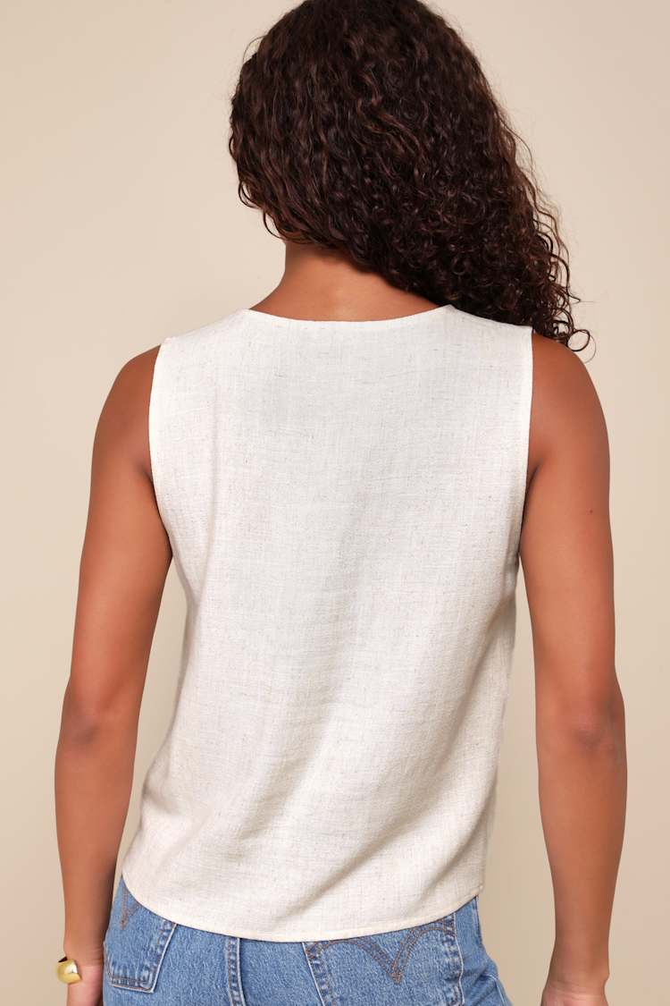 Casually Sophisticated Beige Linen Sleeveless Button-Front Top