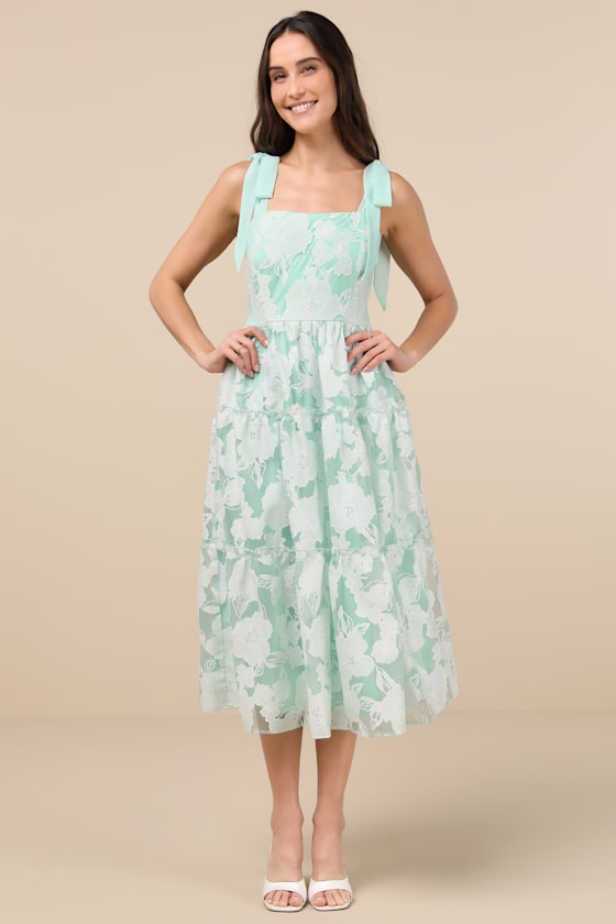 Image of Proof of Perfection Mint Green Floral Tiered Tie-Strap Midi Dres
