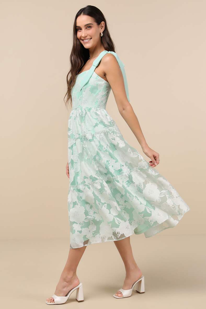 Proof of Perfection Mint Green Floral Tiered Tie-Strap Midi Dres