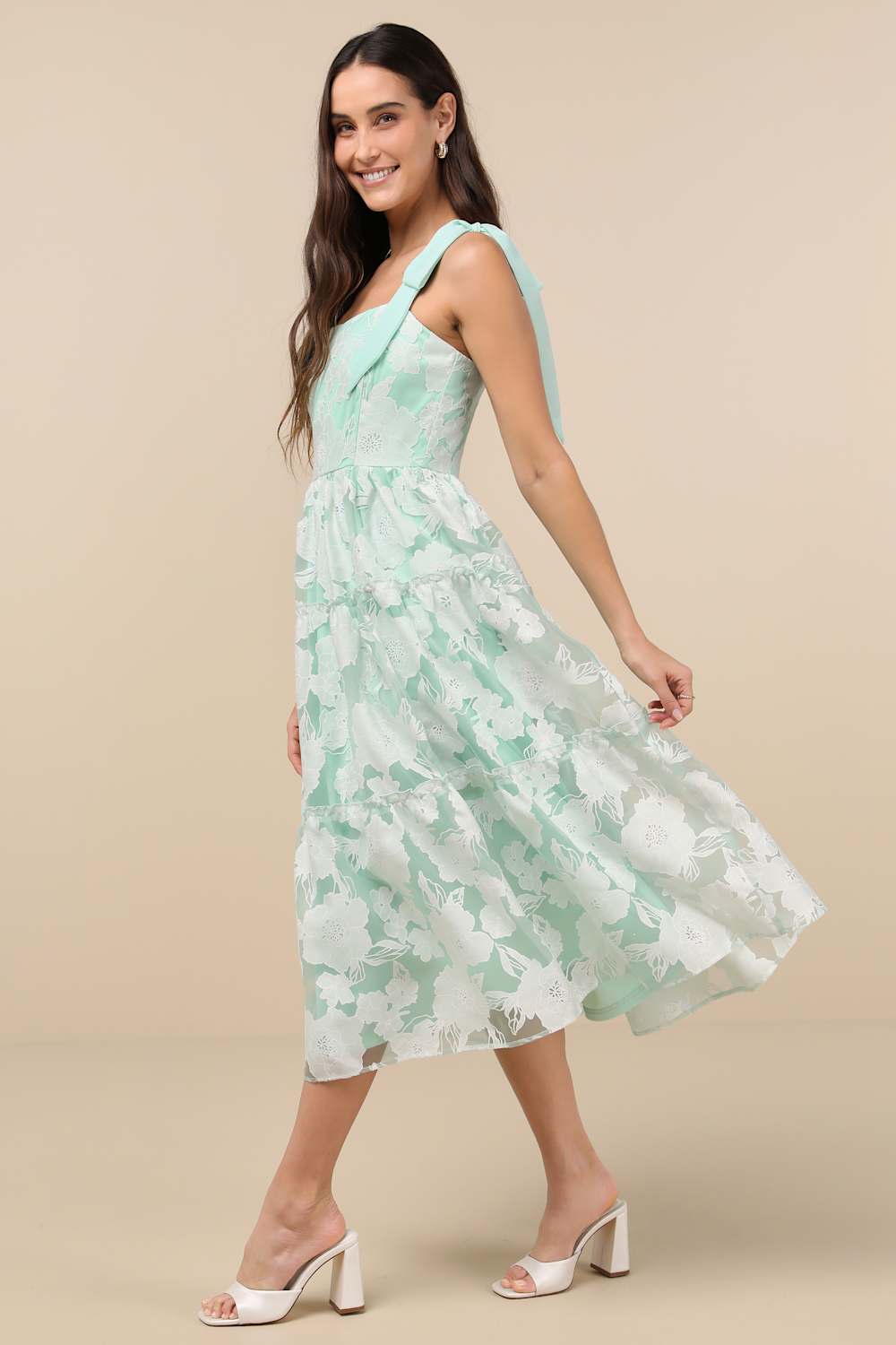 Proof of Perfection Mint Green Floral Tiered Tie-Strap Midi Dres