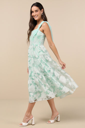 Proof of Perfection Mint Green Floral Tiered Tie-Strap Midi Dres 6
