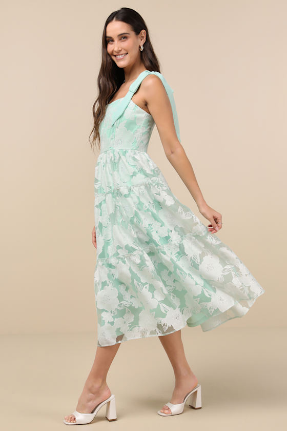 Proof of Perfection Mint Green Floral Tiered Tie-Strap Midi Dres 6