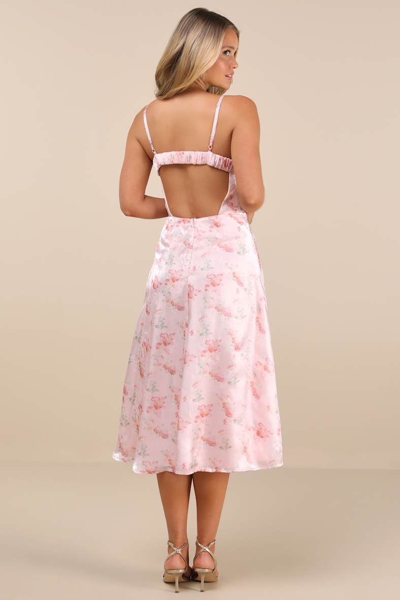 Selini Blush Pink Floral Satin Bustier Backless Midi Dress