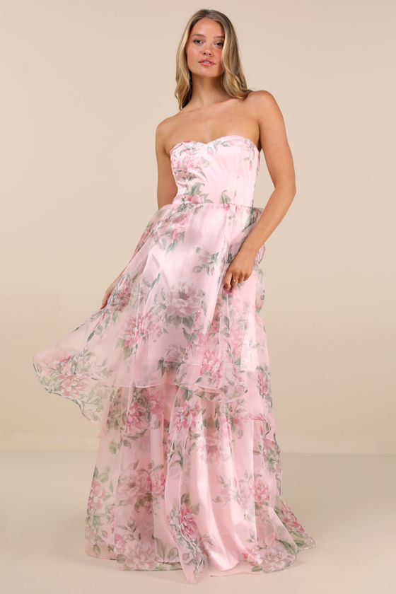 Image of Truly Extraordinary Pink Floral Organza Strapless Maxi Dress