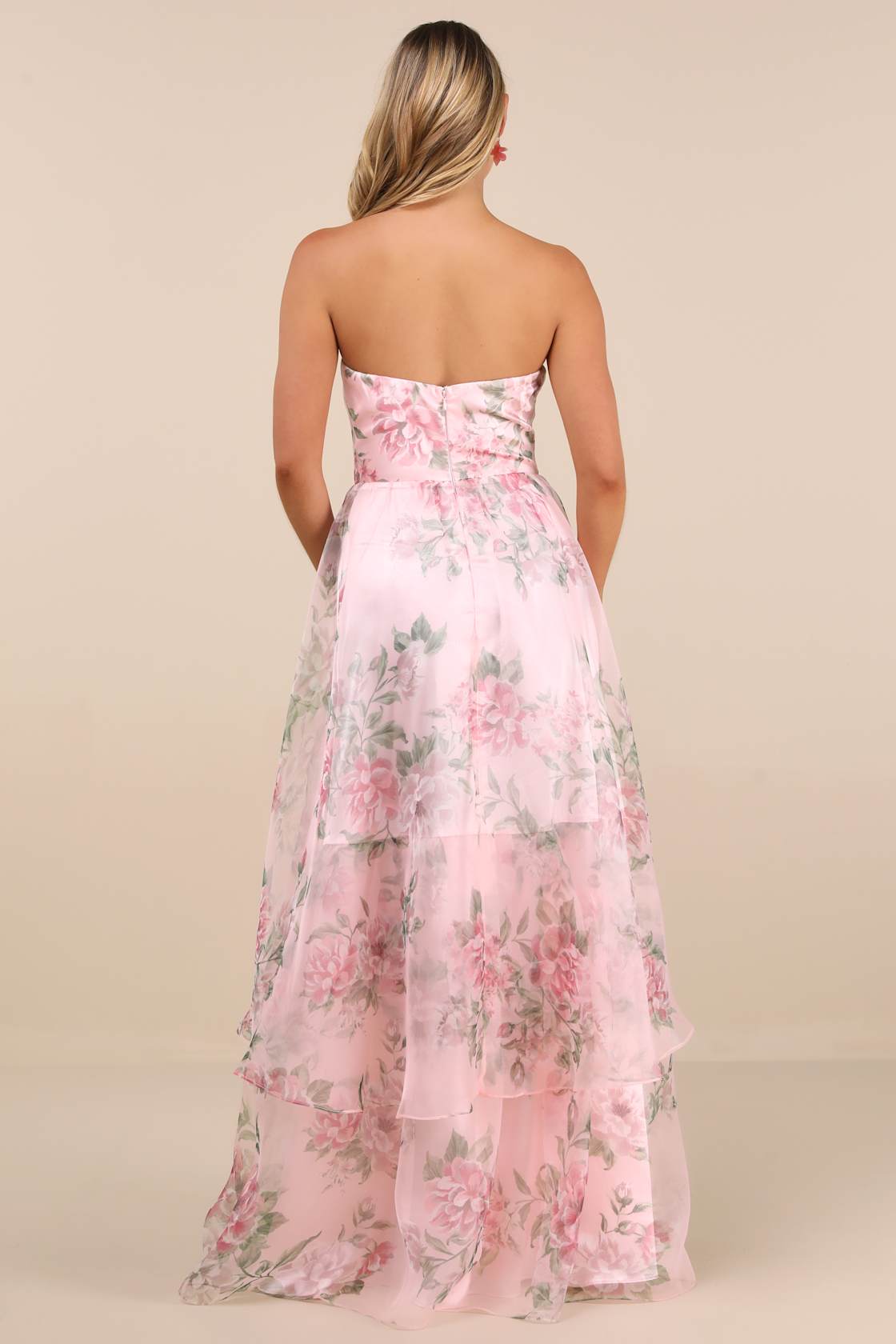 Truly Extraordinary Pink Floral Organza Strapless Maxi Dress