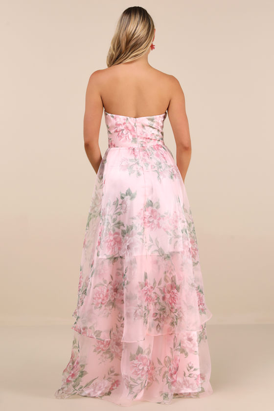 Truly Extraordinary Pink Floral Organza Strapless Maxi Dress 3