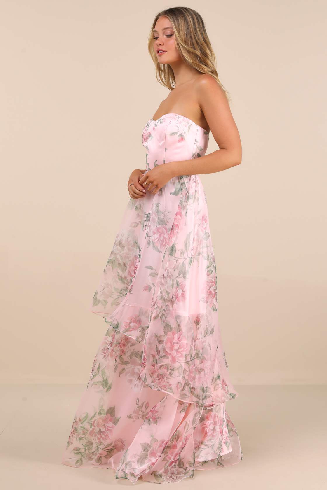 Truly Extraordinary Pink Floral Organza Strapless Maxi Dress