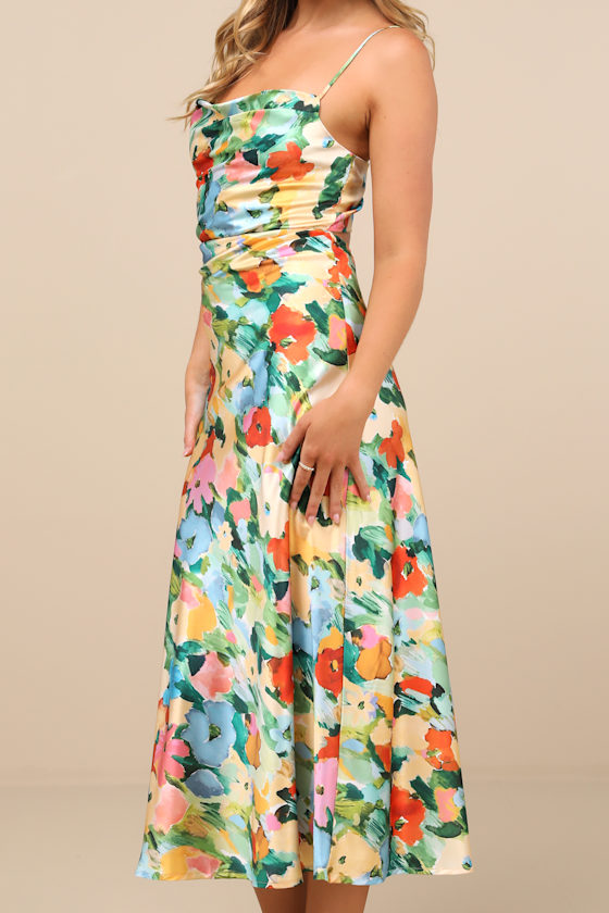 Fantasia Green Floral Lace-Up Midi Slip Dress 3