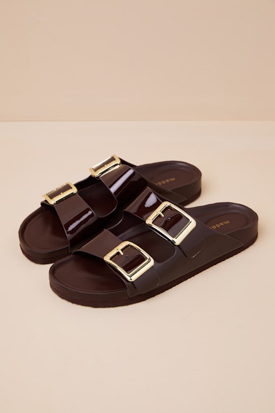 Madden Girl Bodiee Dark Brown Patent Buckle Slide Sandals In Brown