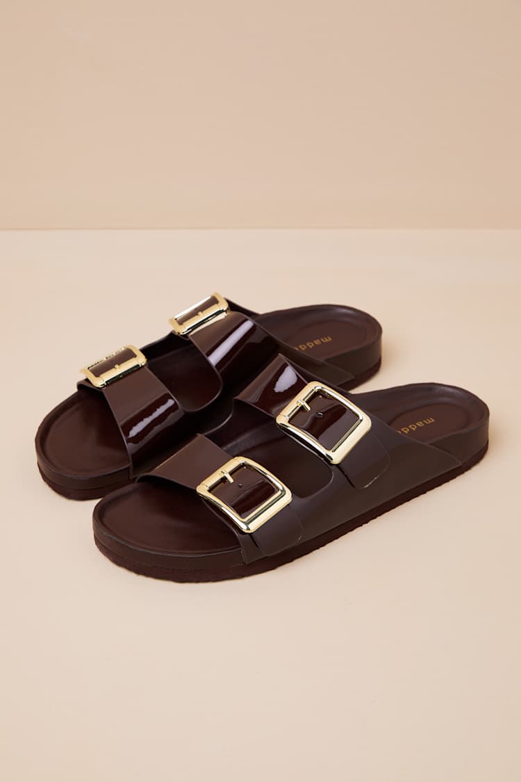Bodiee Dark Brown Patent Buckle Slide Sandals
