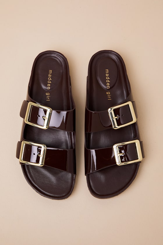 Madden Girl Bodiee Dark Brown Patent Buckle Slide Sandals In Brown