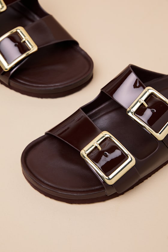 Madden Girl Bodiee Dark Brown Patent Buckle Slide Sandals In Brown