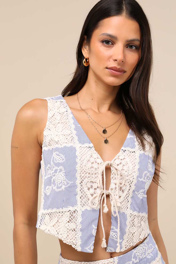Elfreda Blue and Cream Crochet Knit Patchwork Tie-Front Top