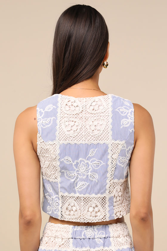 Lulus Elfreda Blue And Cream Crochet Knit Patchwork Tie-front Top